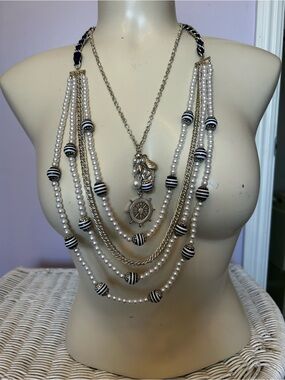 Layered Pearl and Nautical Charm Necklace - White & Navy